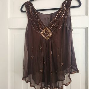 Embellished Brown Sleeveless Top